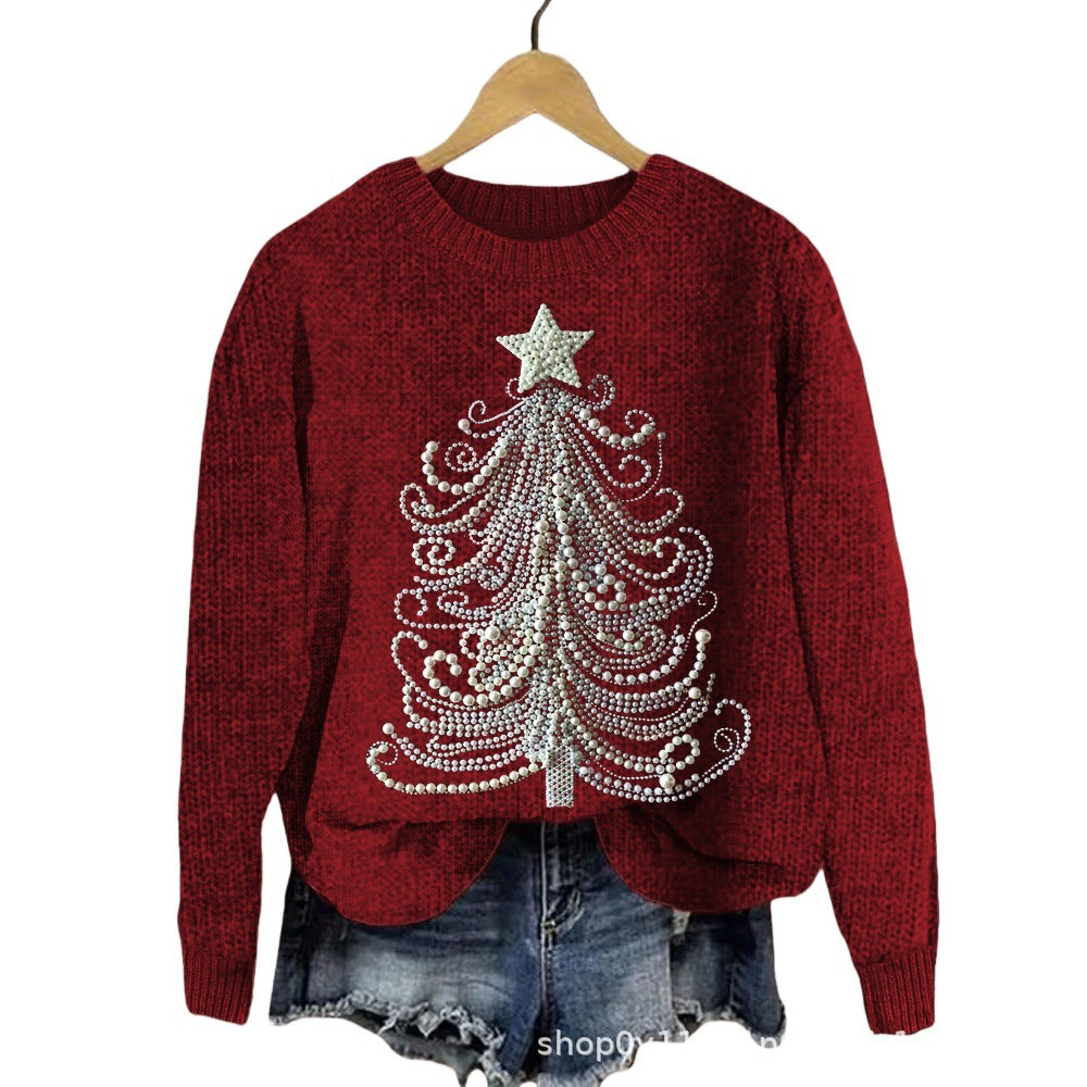 Vintage Christmas Print Sweater, Women's Flattering Chunky Knit Pullover