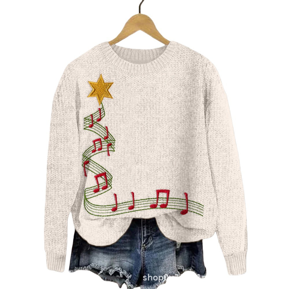 Vintage Christmas Print Sweater, Women's Flattering Chunky Knit Pullover