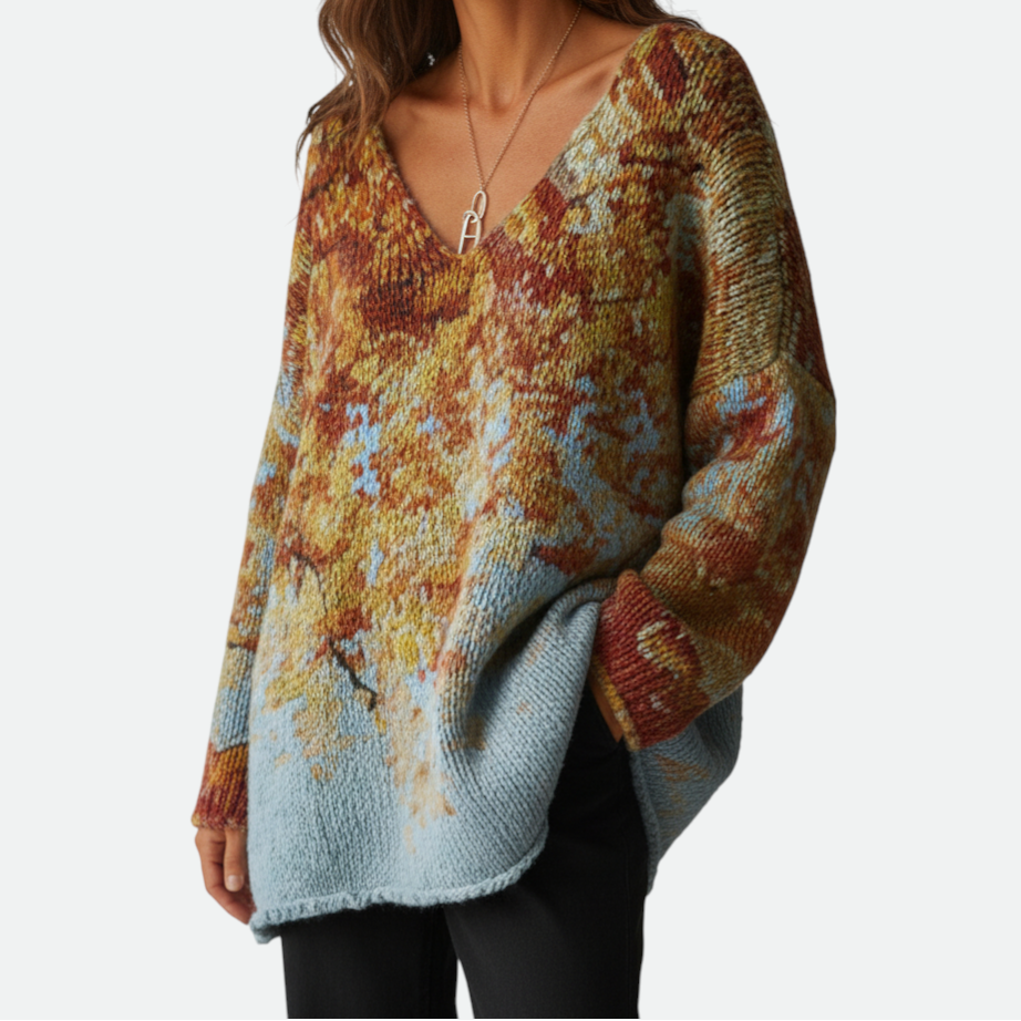 Verve Palette Women's Oversized Knit Pullover - Detailed Print V-Neck