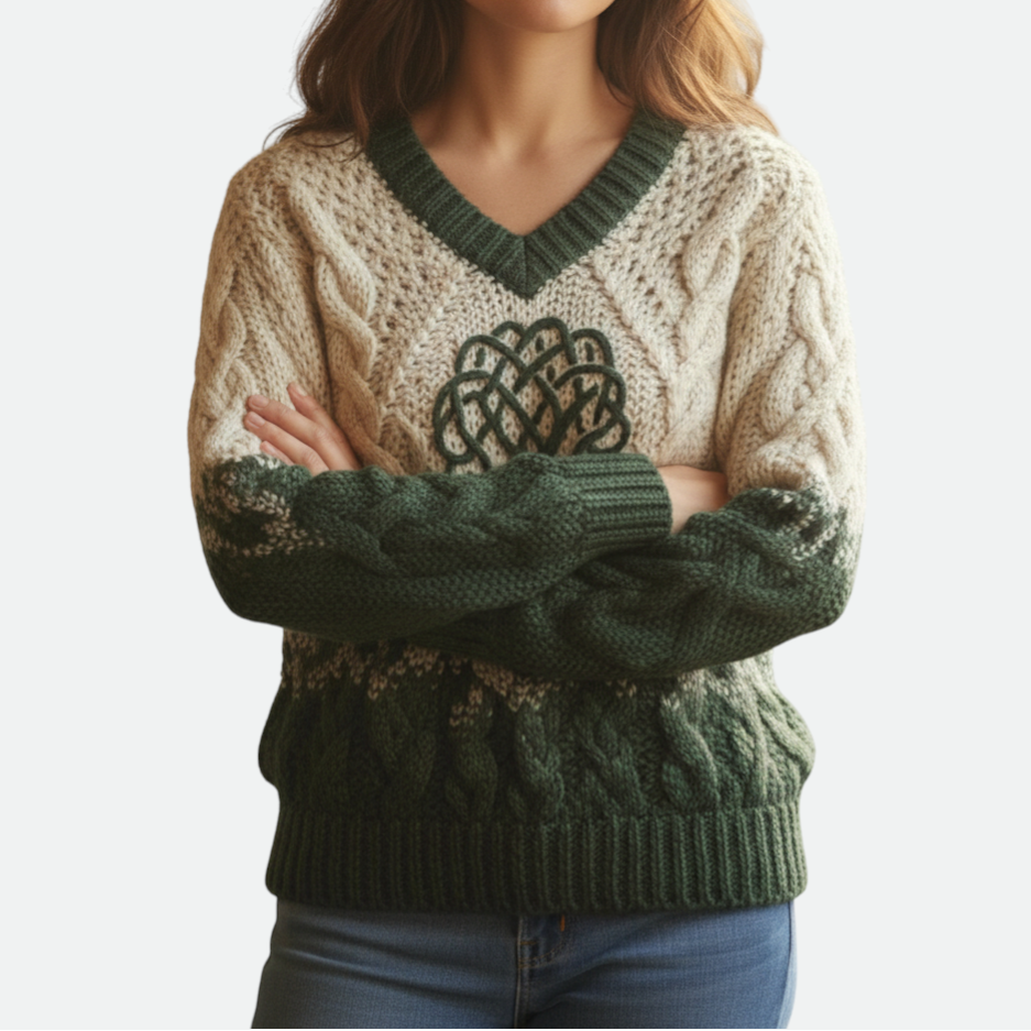 Verve Palette Women's Oversized Knit Pullover - Detailed Print V-Neck