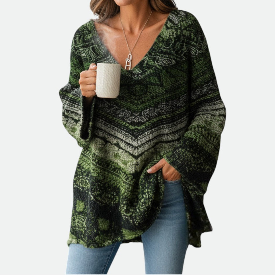 Verve Palette Women's Oversized Knit Pullover - Detailed Print V-Neck