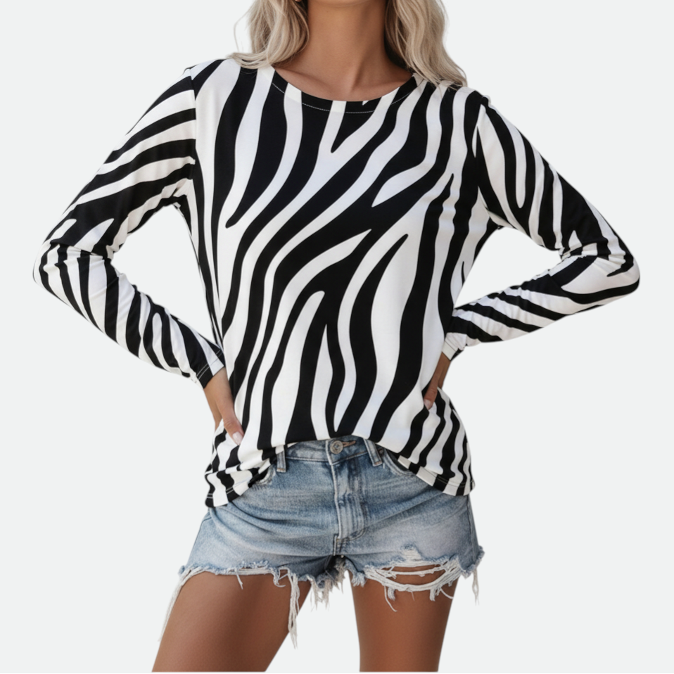 Verve Palette Leopard Stripe Print Round-Neck T-Shirt - Women's Casual Long Sleeve