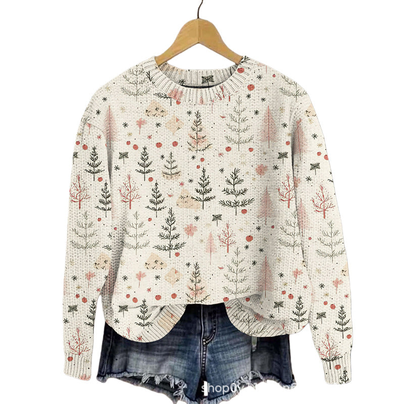 Vintage Christmas Print Sweater, Women's Flattering Chunky Knit Pullover