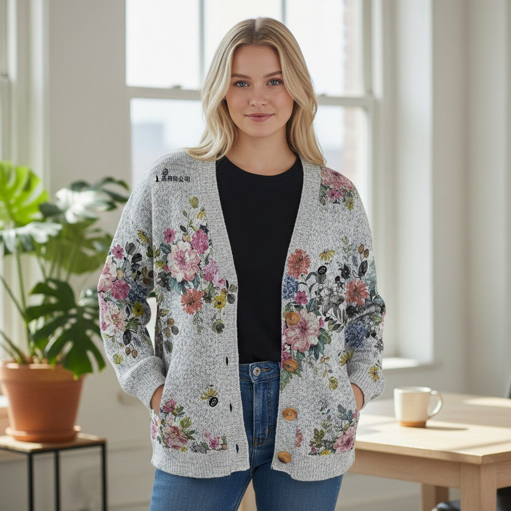 Women's Vintage-Style Printed Cardigan for Early Autumn