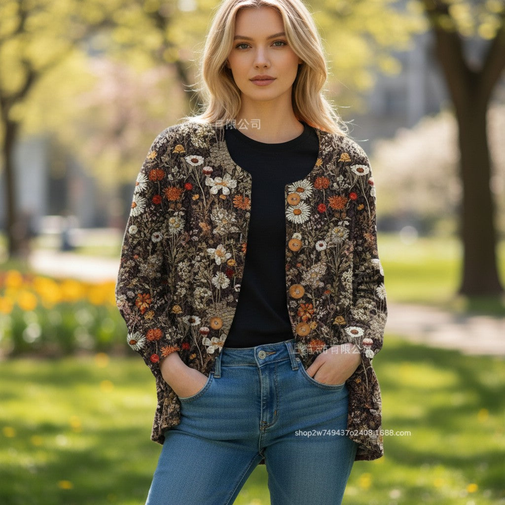 Women's Vintage-Style Printed Cardigan for Early Autumn
