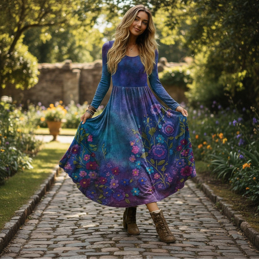 Women's New Autumn Fashion Round-Neck Long-Sleeve Floral Print Midi Dress