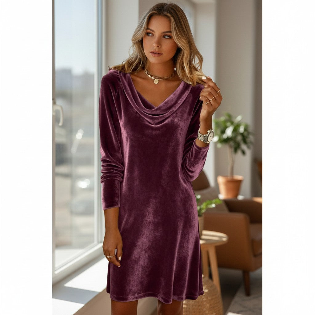 Women's Autumn-Winter Fashion Solid Color Long-Sleeve Velvet Dress