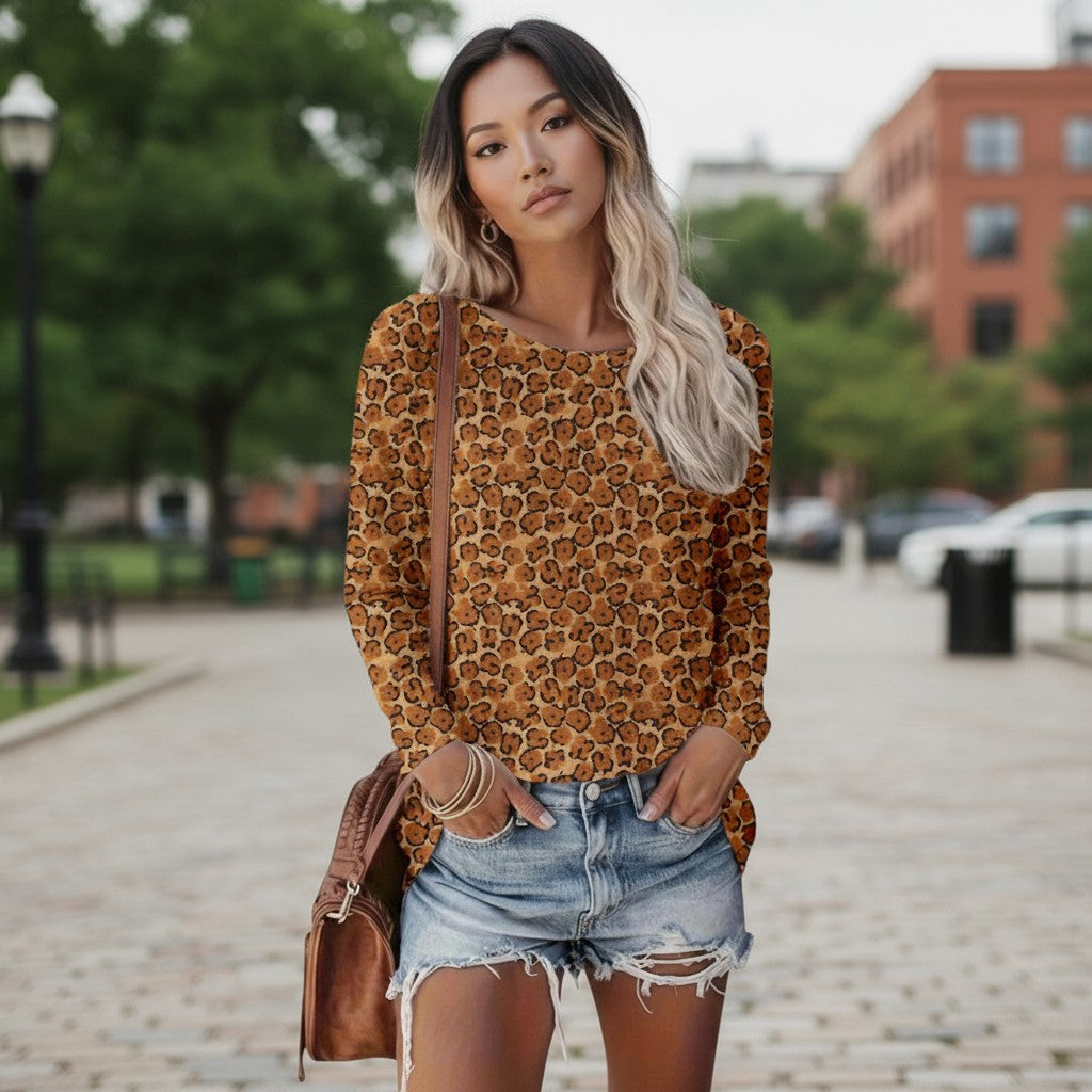 Casual Round-Neck Long-Sleeved T-Shirt with Leopard and Stripe Print