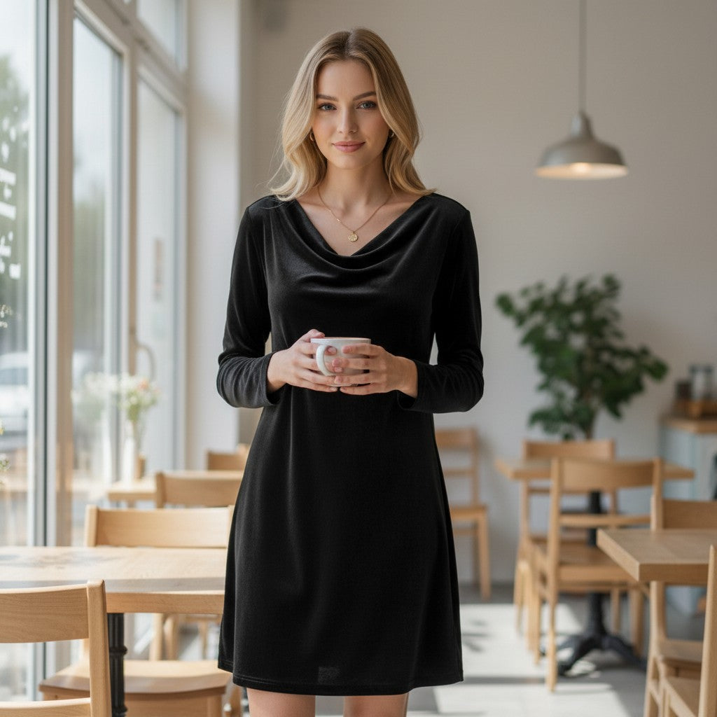 Women's Autumn-Winter Fashion Solid Color Long-Sleeve Velvet Dress