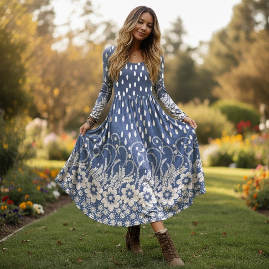 Women's New Autumn Fashion Round-Neck Long-Sleeve Floral Print Midi Dress