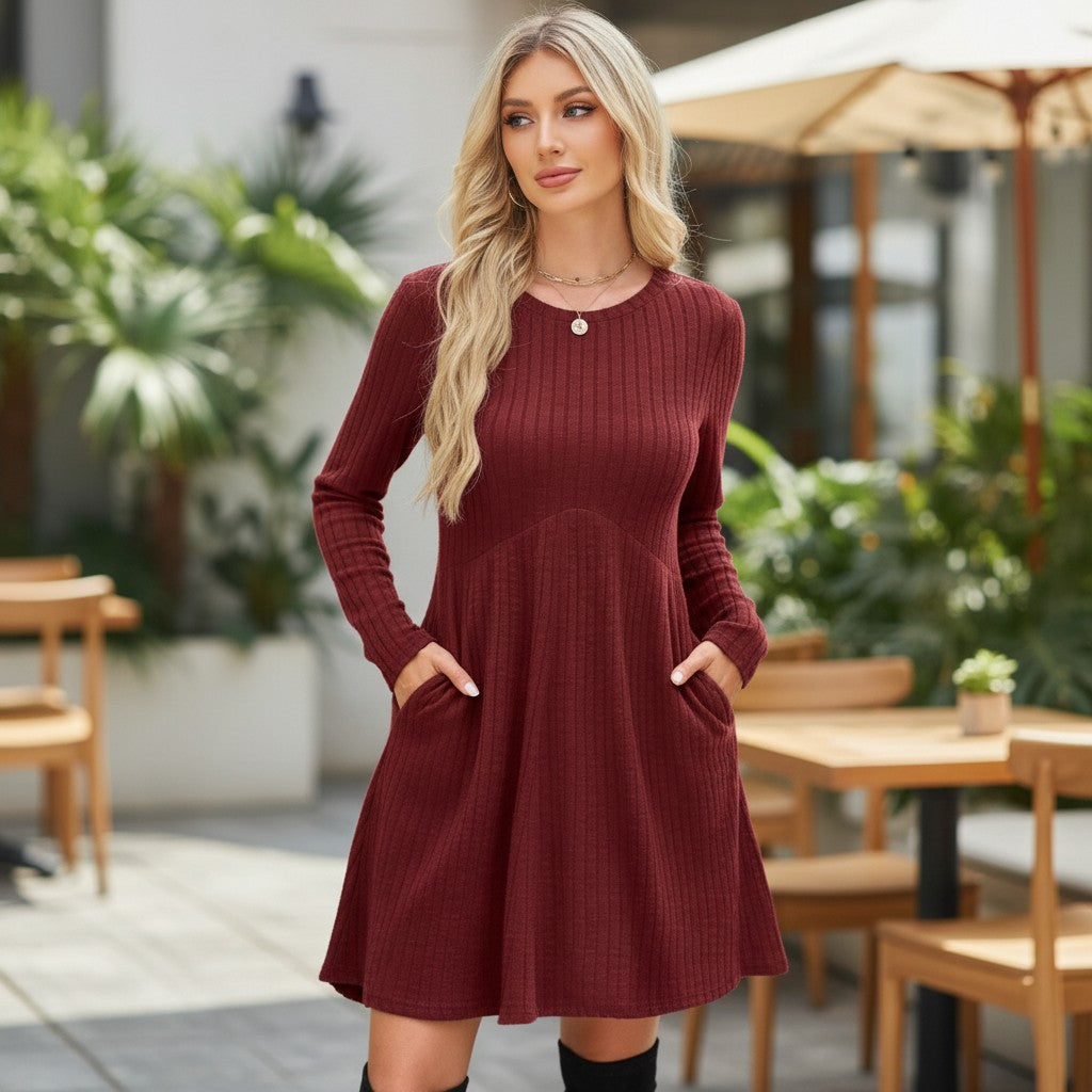 Women's Thick Winter Bohemian Solid-Color Knee-Length A-Line Dress