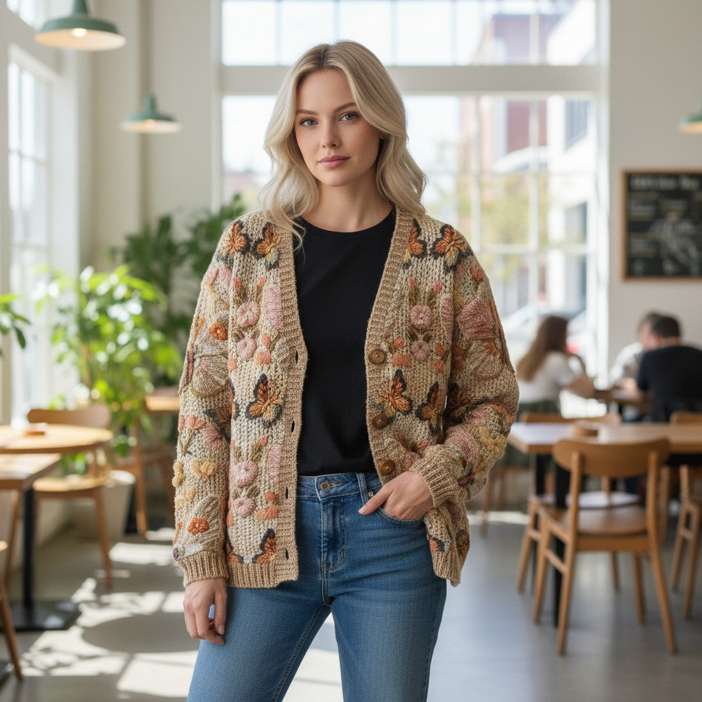 Women's Vintage-Style Printed Cardigan for Early Autumn