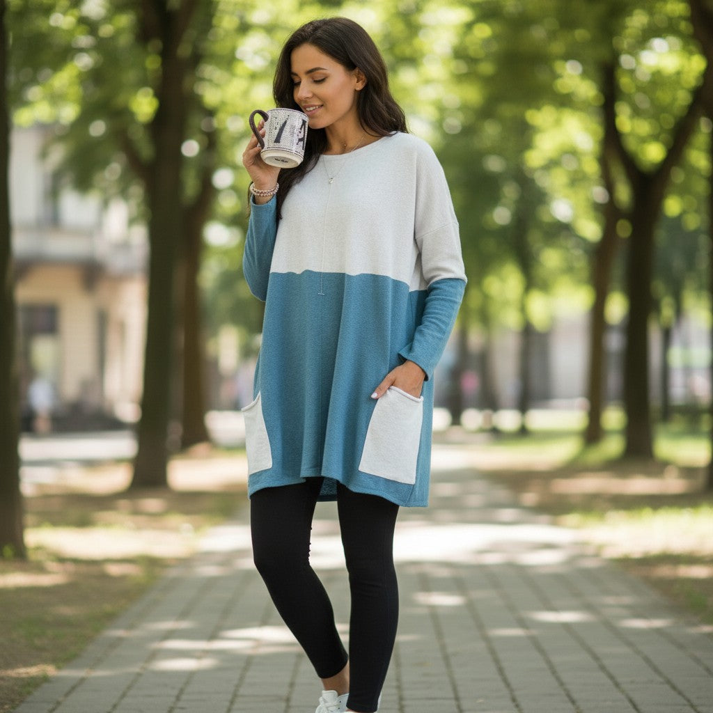 Women's Round-Neck Long-Sleeve Casual Shirt with Patchwork Design and Pocket