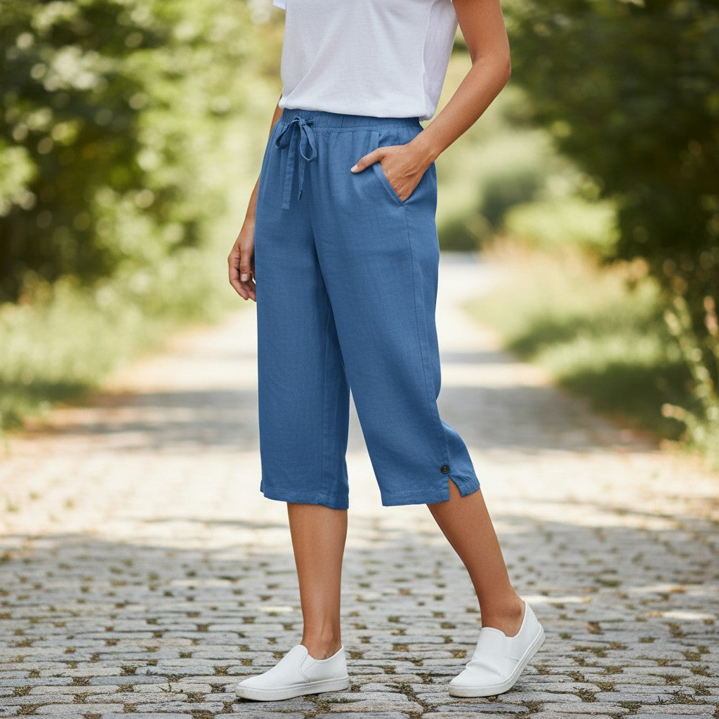 Drawstring Waist Cropped Pants, Women's Linen-Blend Casual Ankle Trousers with Pockets