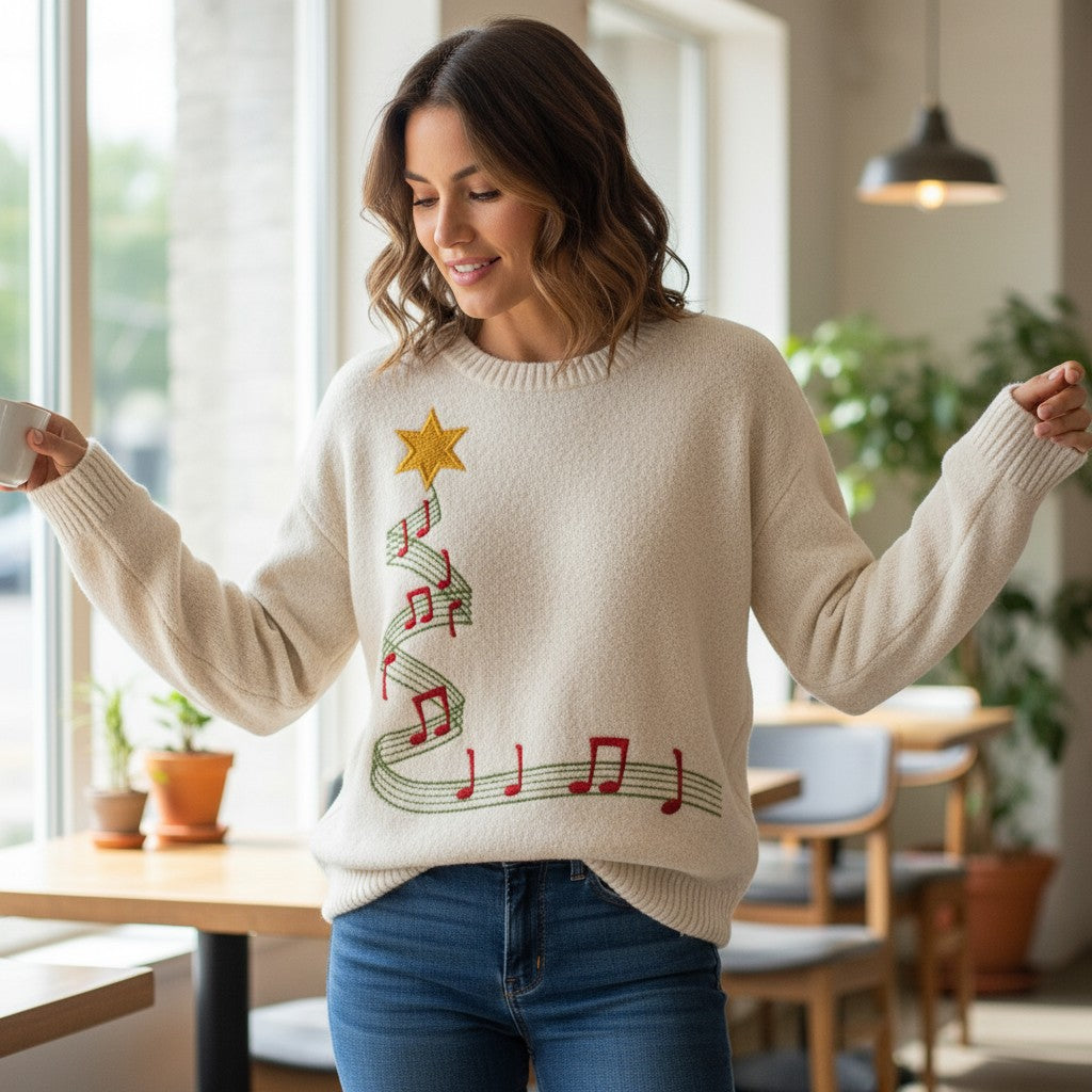 Vintage Christmas Print Sweater, Women's Flattering Chunky Knit Pullover