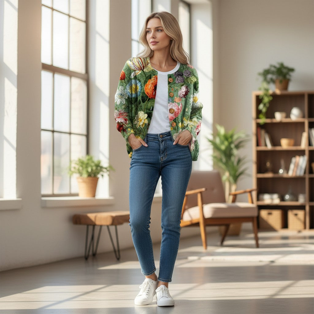 Women's Vintage-Style Printed Cardigan for Early Autumn