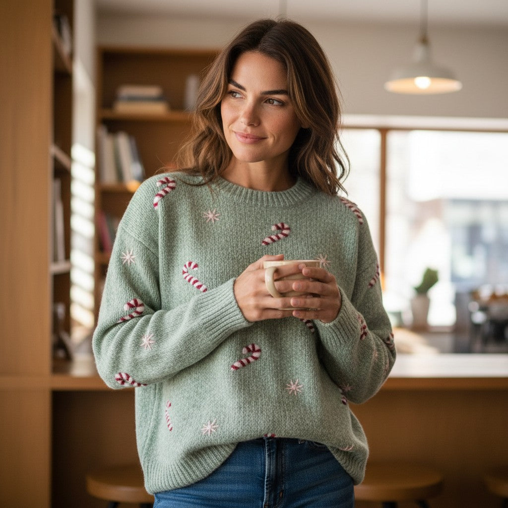 Vintage Christmas Print Sweater, Women's Flattering Chunky Knit Pullover