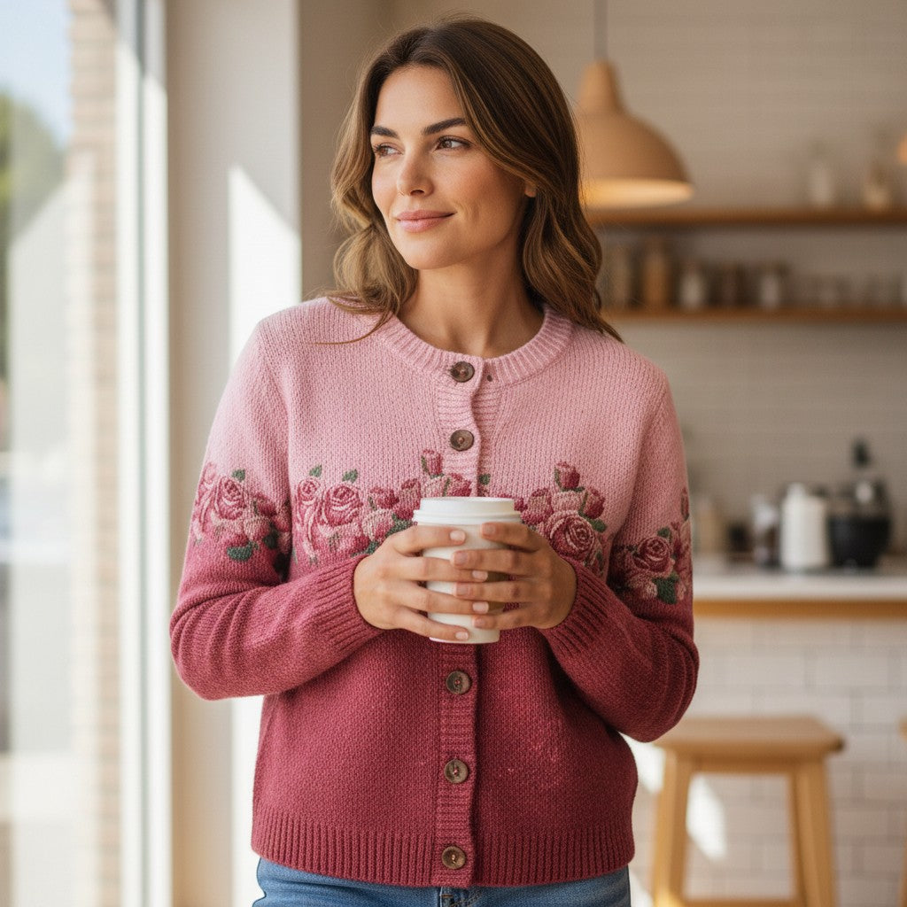 Vintage Gray Round-Neck Long-Sleeve Knit Cardigan