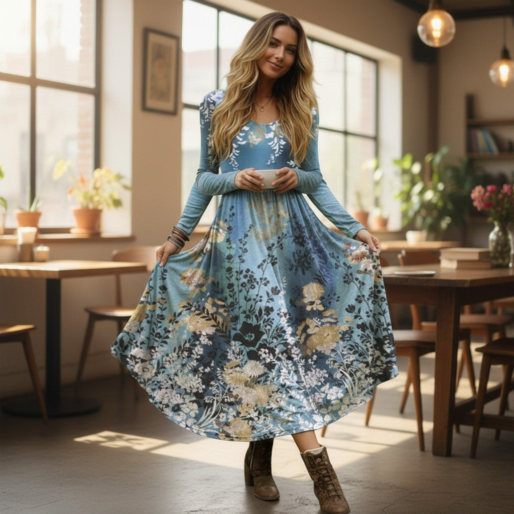 Women's New Autumn Fashion Round-Neck Long-Sleeve Floral Print Midi Dress