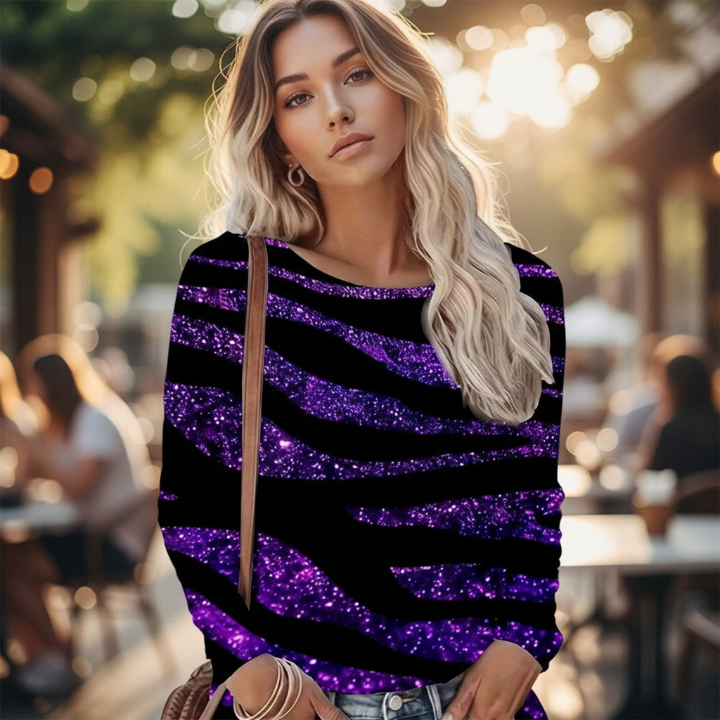 Casual Round-Neck Long-Sleeved T-Shirt with Leopard and Stripe Print