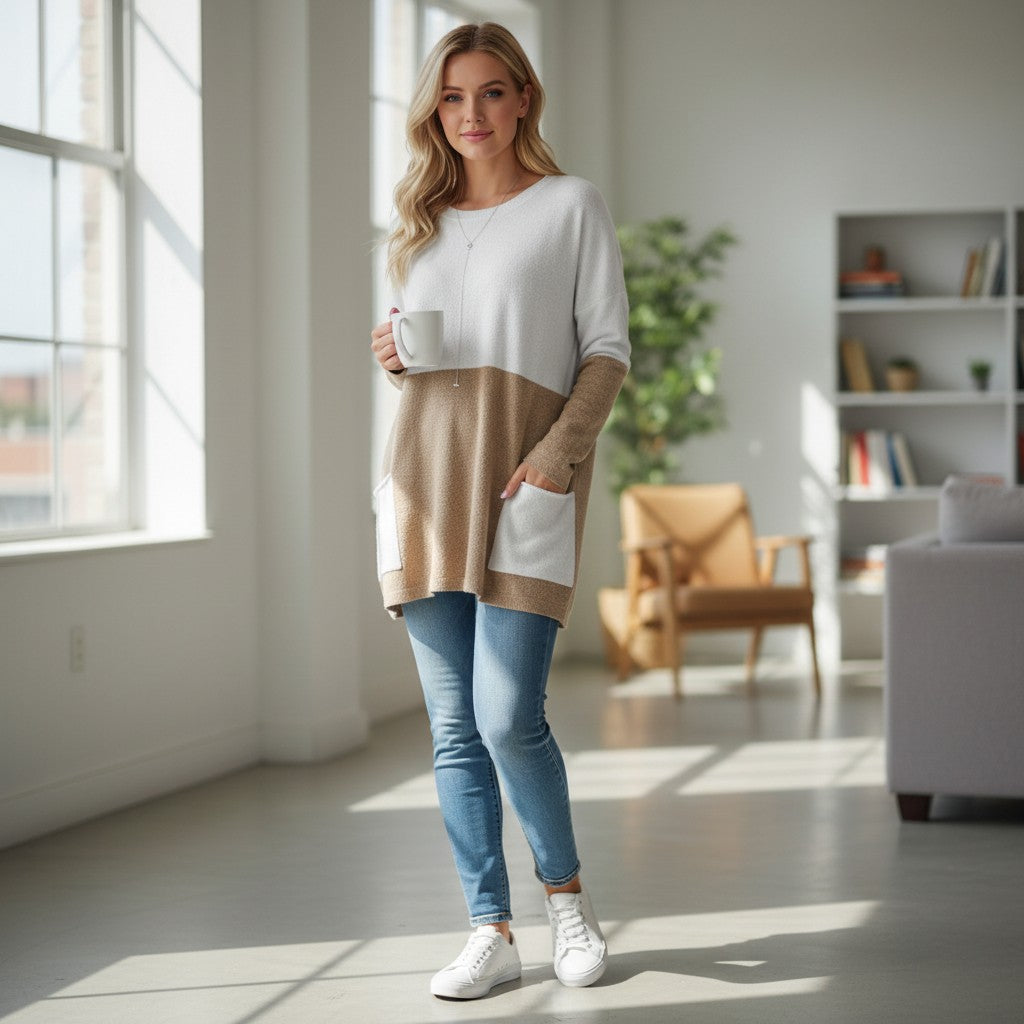 Women's Round-Neck Long-Sleeve Casual Shirt with Patchwork Design and Pocket