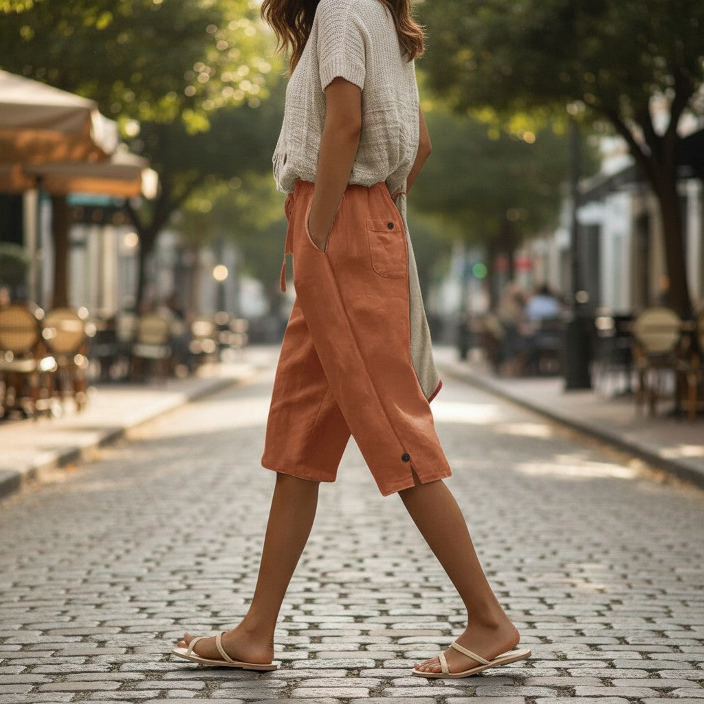Drawstring Waist Cropped Pants, Women's Linen-Blend Casual Ankle Trousers with Pockets