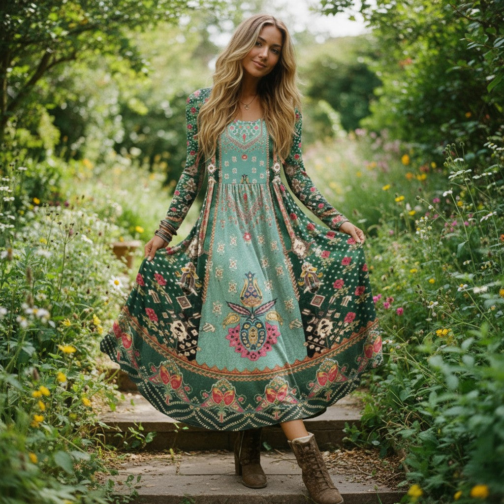 Women's New Autumn Fashion Round-Neck Long-Sleeve Floral Print Midi Dress