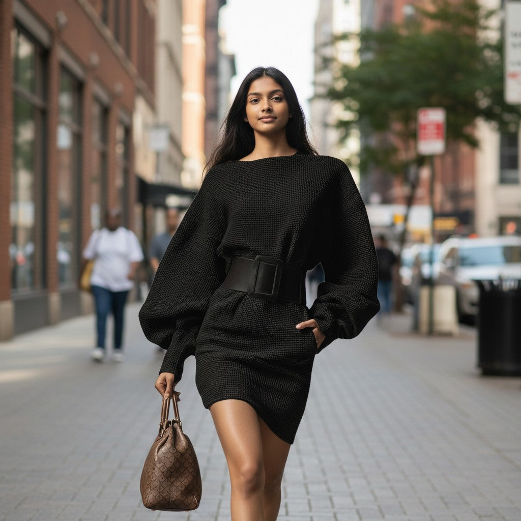 Women's Fall-Winter Bat-Wing Sleeve Belted Long-Sleeve Dress