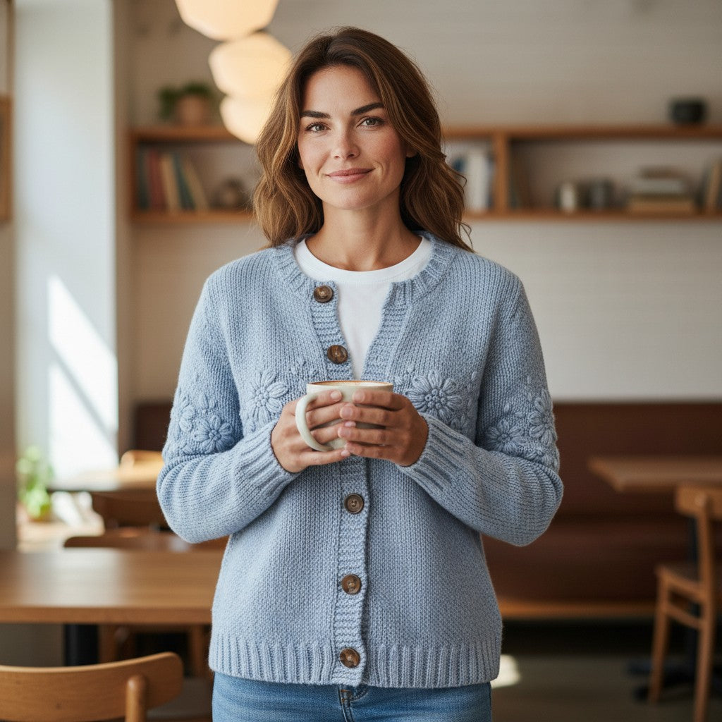 Vintage Gray Round-Neck Long-Sleeve Knit Cardigan