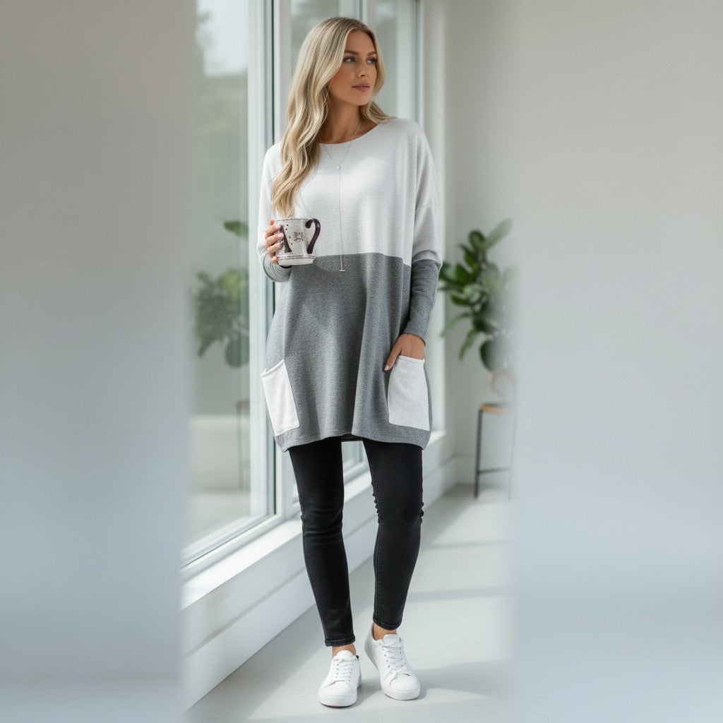 Women's Round-Neck Long-Sleeve Casual Shirt with Patchwork Design and Pocket