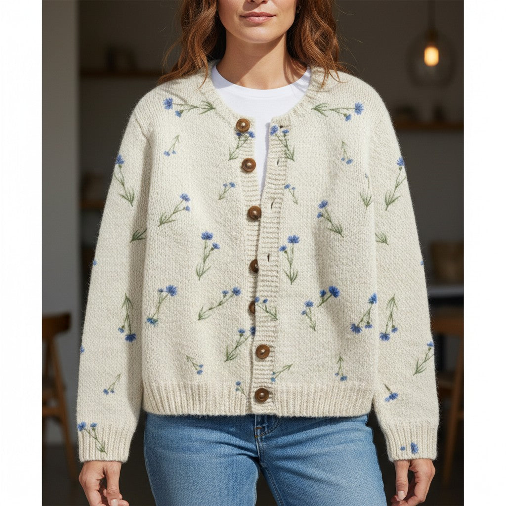 Vintage Gray Round-Neck Long-Sleeve Knit Cardigan