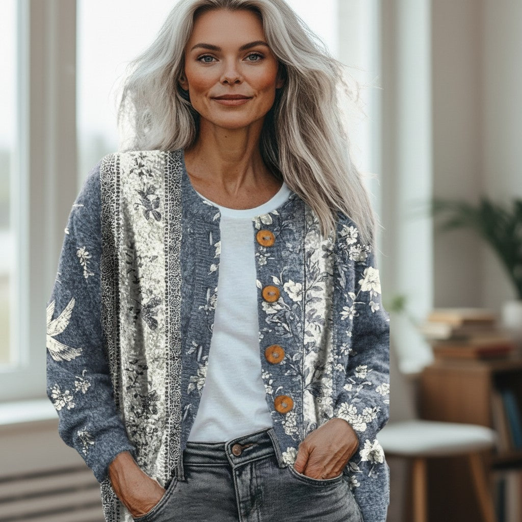 Women's Vintage-Style Printed Cardigan for Early Autumn