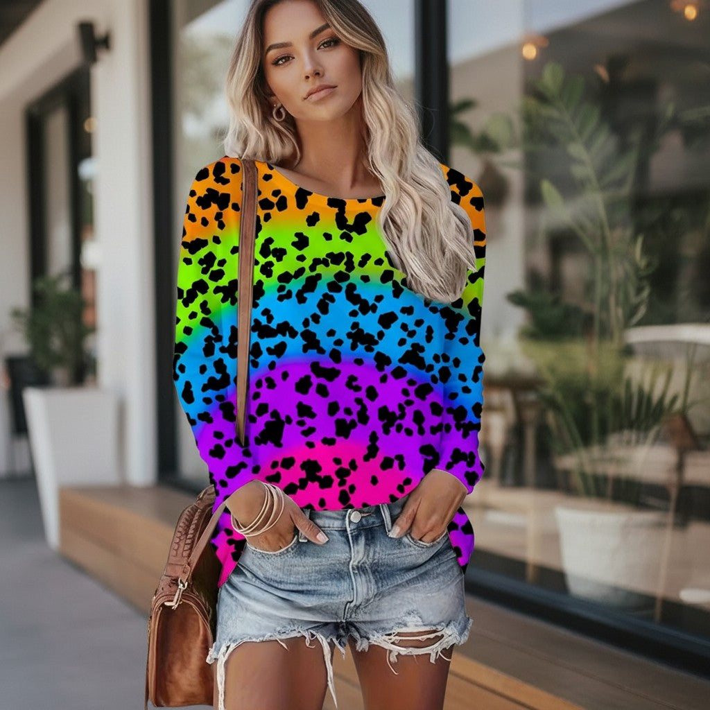 Casual Round-Neck Long-Sleeved T-Shirt with Leopard and Stripe Print