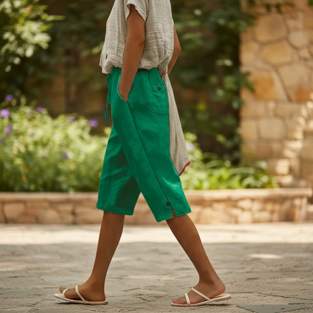 Drawstring Waist Cropped Pants, Women's Linen-Blend Casual Ankle Trousers with Pockets